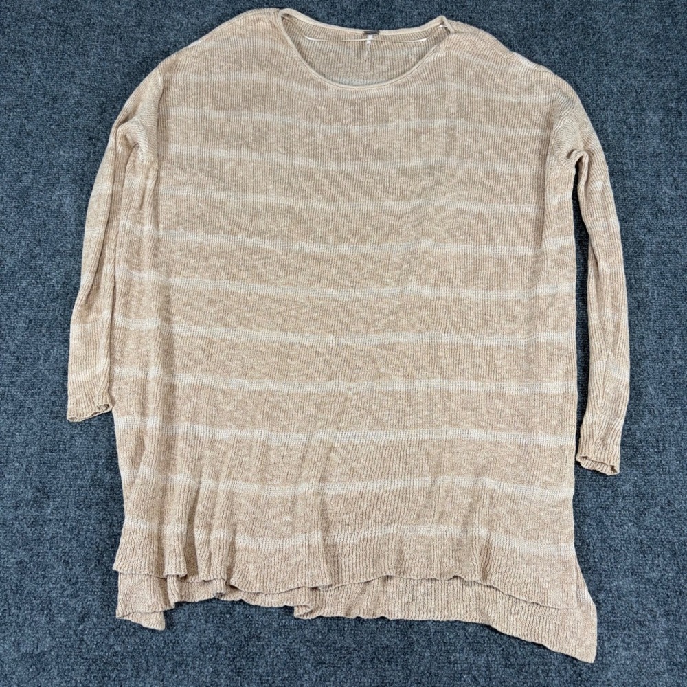 Free People Womens Small Oversized Striped Knit Sweater Tan Cream Long Sleeve